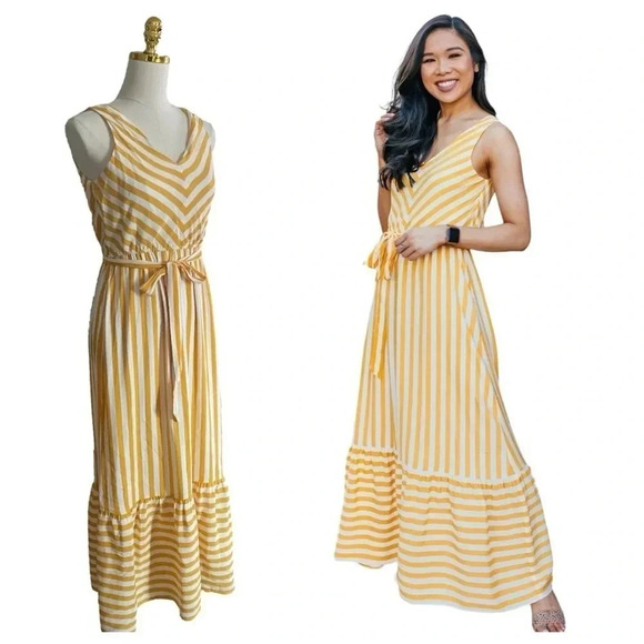 LOFT | Women Mustard/White Striped Chevron Flounce Maxi Dress Size 0P - Picture 3 of 15